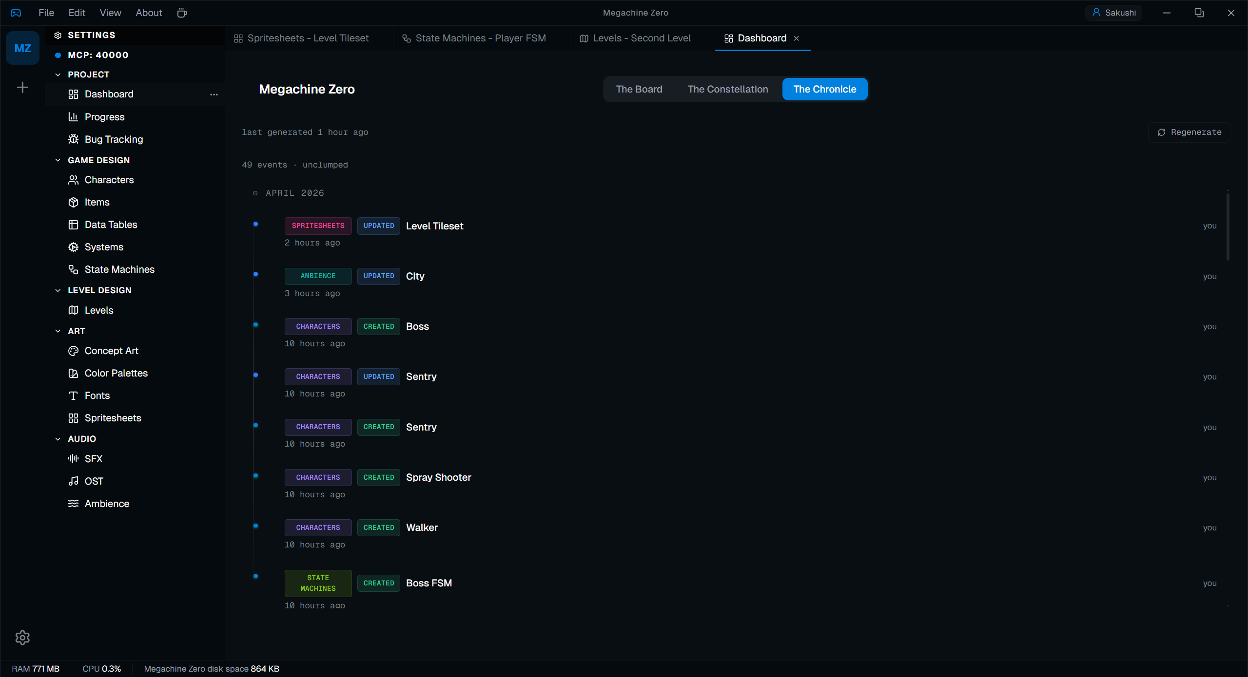 The same Chronicle view in a dark theme with a sky-blue accent.